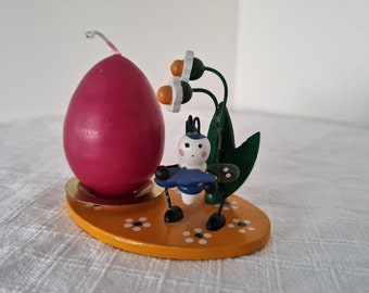 Vintage Erzgebirge Easter beetle musician with a candlestick and candle egg Сollectible figurine painted East Germany 80s