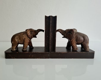 Vintage retro pair Bookends Wooden hand carved elephants