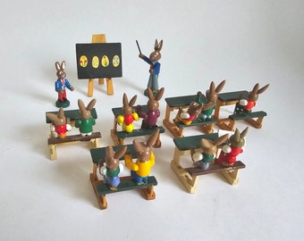 Vintage German Erzgebirge Easter Bunny School Wooden Miniatures 1980s