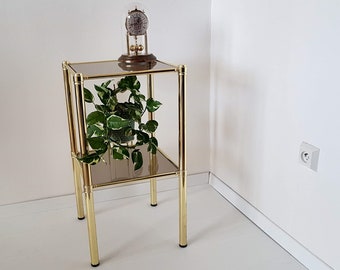 Vintage Hollywood Regency 80s Shelf Gold Brass 2 Smoked Glass MCM