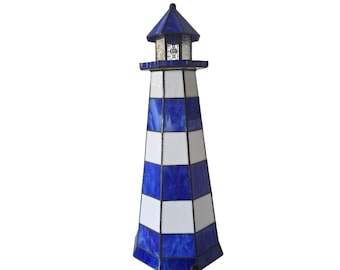 Lámpara de faro con vitral vintage: decoración náutica azul y blanca
