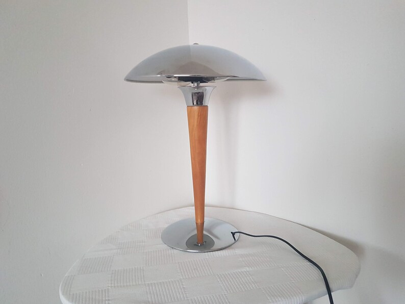 Vintage art deco  big mushroom desk lamp chrome wooden Midcentury lamp 70/'s