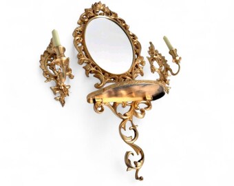 Vintage Baroque Style Wall Mirror with Shelf and Sconces – Ornate Plastic Wall Decor Set
