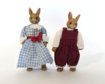 Vintage Easter bunny on a bendable wire body In farm clothes