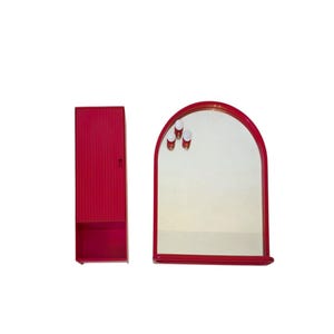 Vintage 1970s Red Plastic Bathroom Mirror with Shelf and Wall-Mounted Cabinet with Door – Made in Italy – Sold Separately