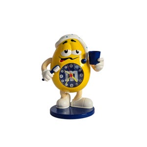 Vintage Pop art Yellow M&M Table Clock, Plastic Candy Chocolate Characters Home Decor