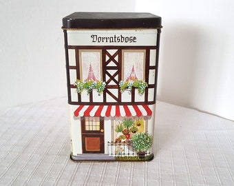 Boîte en métal vintage allemande, décor en forme de maison, signée Anne