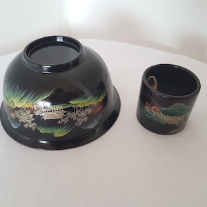 Vintage asian bowl and napkin holder Hand-painted accessories oriental collectible