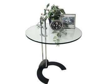 Vintage Postmodern Memphis Milano Side Table, Glass Top, Chrome Base, 1980s Italy