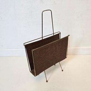 Vintage Mid Century Modern Brass and oilcloth Magazine Rack