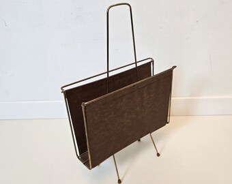 Vintage Mid Century Modern Zeitungsständer aus Messing und Wachstuch