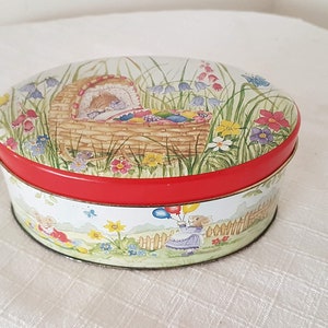 Vintage ovale Zinn-Box mit niedlichen Mäusen Made In England guten Zustand