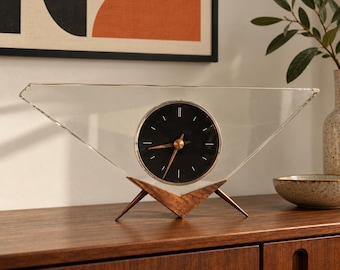 Vintage plexiglass mechanical desk clock Mid century modern  60s