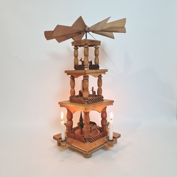 Vintage retro German pyramid with Handmade figurines Design pyramid for 4 candles