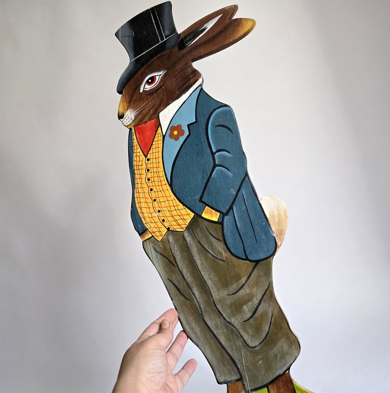 Vintage Easter big 72cm Bunnie German Wooden decoration folk art hand painted made in East Germany image 8