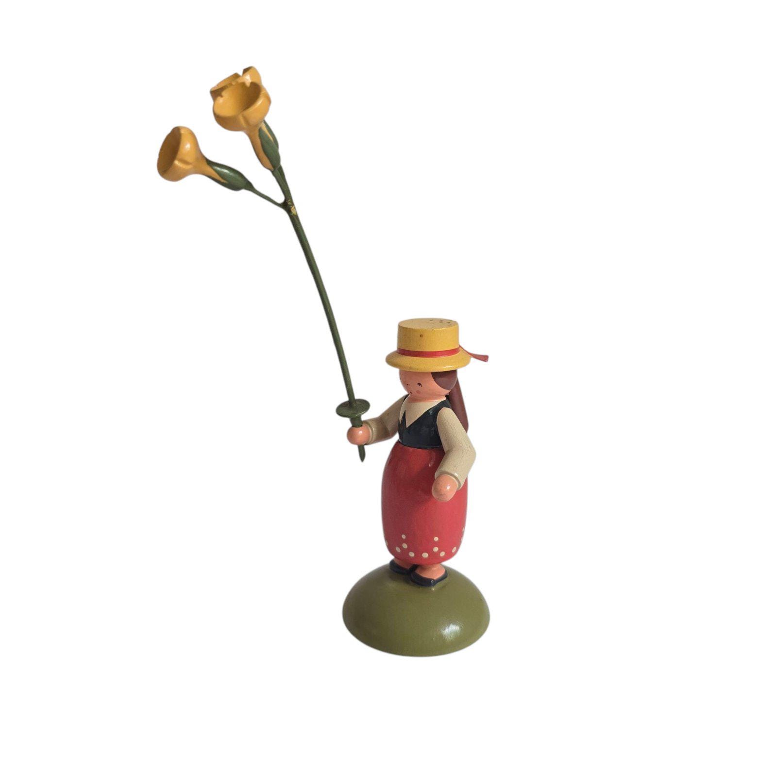 Vintage Retro German Erzgebirge Wooden Hand Painted Flower Child