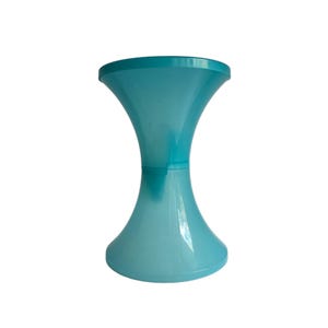 May include: A light blue plastic stool with a wide, round top and a narrow base. The stool is made of a smooth, shiny plastic.