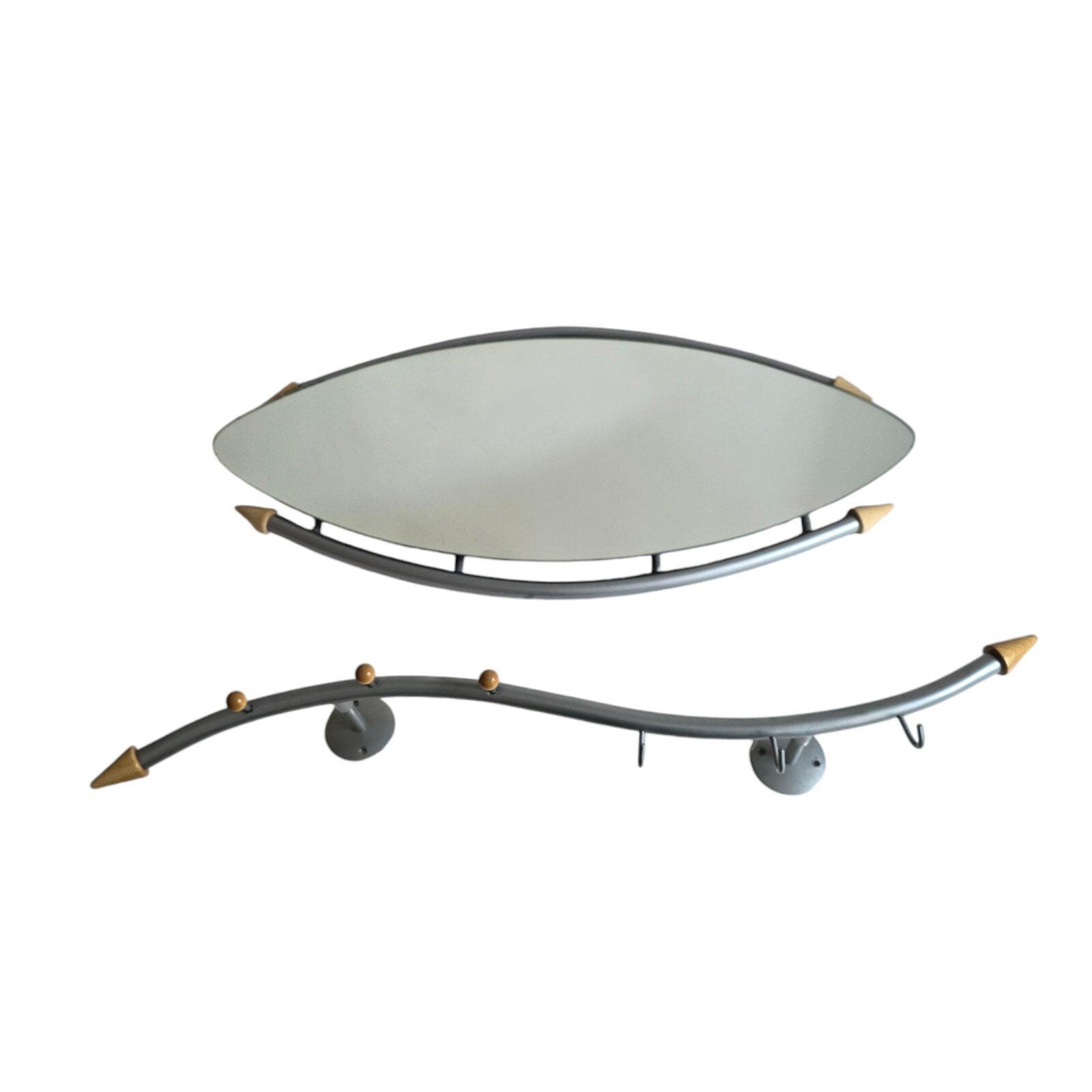 ヴィンテージ ポストモダン ウォールミラーとコートラック 6 フック