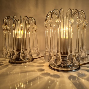 Vintage Gorgeous pair of two small cascade Lamps Bohemian crystal 70s