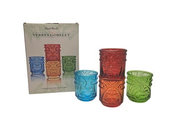 Vintage Tiki Gläser - 4 farbige Trinkgläser mit Tiki-Gesichtern - in der Originalverpackung