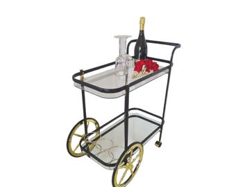 Carrito de bar vintage cromado: carrito Hollywood Regency con vidrio templado