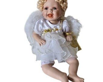 Vintage Porcelain Angel Doll With Curly Hair and White Dress