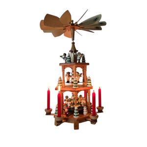 Vintage rare German pyramid with Handmade figurines with angel musicians Design pyramid for 6 candles
