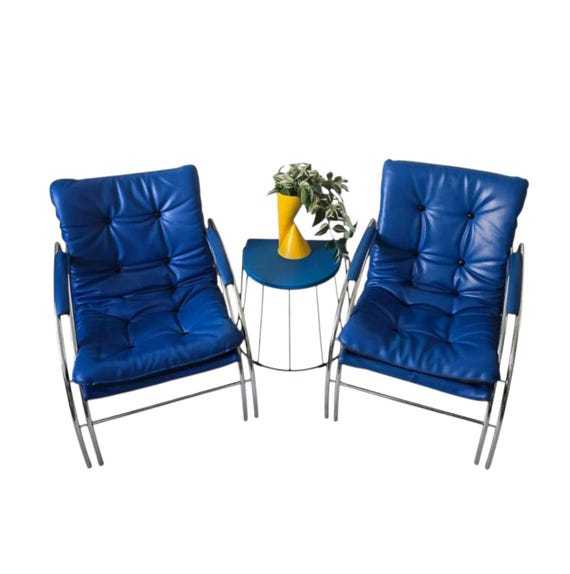 Vintage Postmodern Chrome Tubular Lounge Chair With Electric Blue