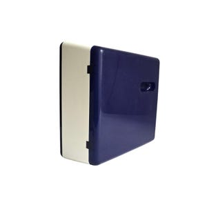 May include: A small, rectangular, two-toned cooler. The front and top are a deep blue, while the side is white. The cooler has a handle on the front and is designed to keep items cold. The cooler is made of plastic.