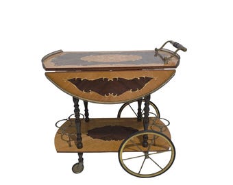 Vintage Mid-Century modern Italian Marquetry Wood Bar Cart with Folding Top