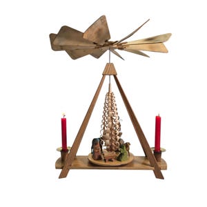 Vintage German pyramid Handmade wooden figurines Design 70s Pyramid for 2x candles carousel