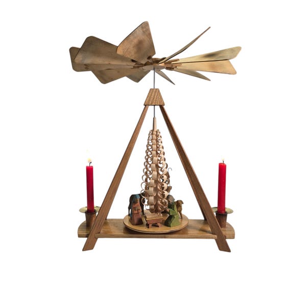 Vintage German pyramid Handmade wooden figurines Design 70s Pyramid for 2x candles carousel