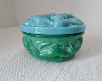 Art Deco malachite glass Jewelry box Powder Box Schlevogt Ingrid Design Czech Bohemian glass