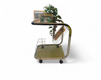 Mid Century modern smoky Glass and Chrome Side Table with Magazine Rack, Bar Cart