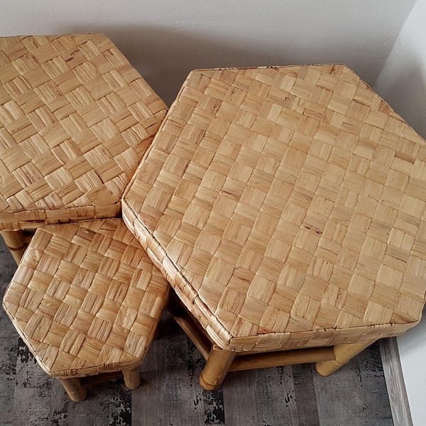 vintage Mid Century bambou hexagonal Rattan Nesting Table Set of 3