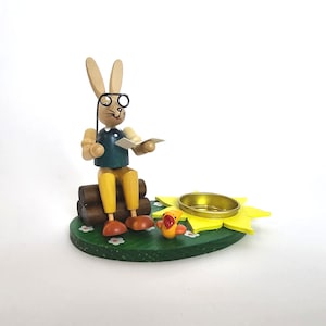 Vintage Easter bunny Folk art hand painted Wooden candlestick