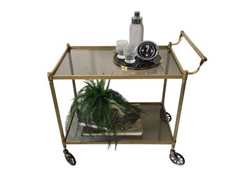 Vintage Mid Century Modern Brass and Smoky Glass Bar Cart on Wheels