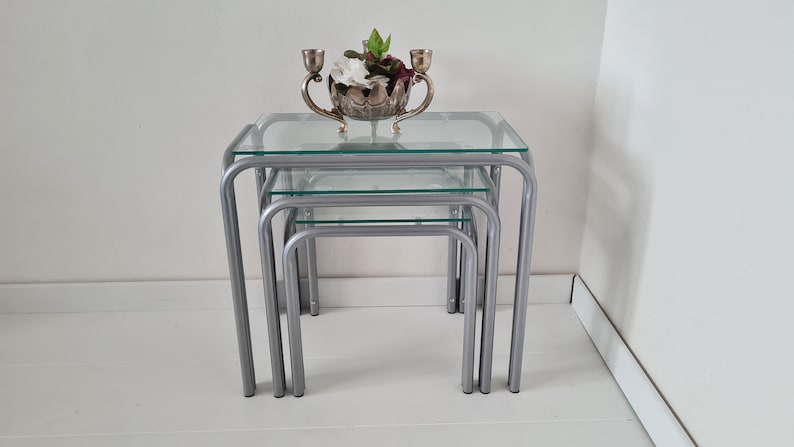 Vintage Mid Century Modern Nesting Table Set of 3 Silver colored Vintage Mid Century Modern Nesting Table Set of 3 Silver colored