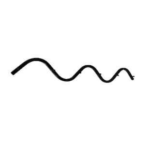 May include: Black metal plant trellis with a wavy design. The trellis is made of a single piece of metal that is bent into a series of curves.