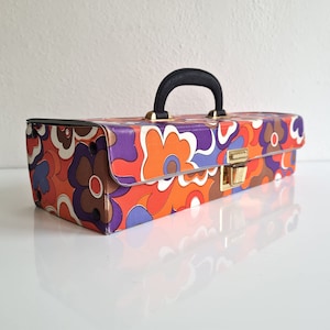 Vintage small retro oilcloth suitcase in flower printed Vanity case 1970