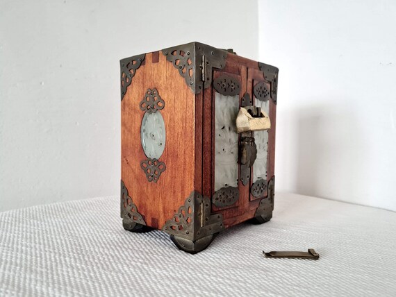 Vintage Wooden Chinese Jewelry Box, Jade Accents, Antique Organizer