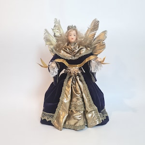 Vintage Christmas Wax Angel 40cm in a velvet dress with a gold ribbon Germany 70s