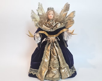 Vintage Christmas Wax Angel in a velvet dress with a gold ribbon Germany 70s