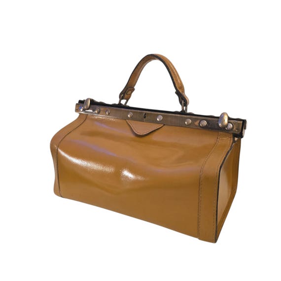 Vintage Retro Genuine Leather Doctor Bag Tan Structured Handbag