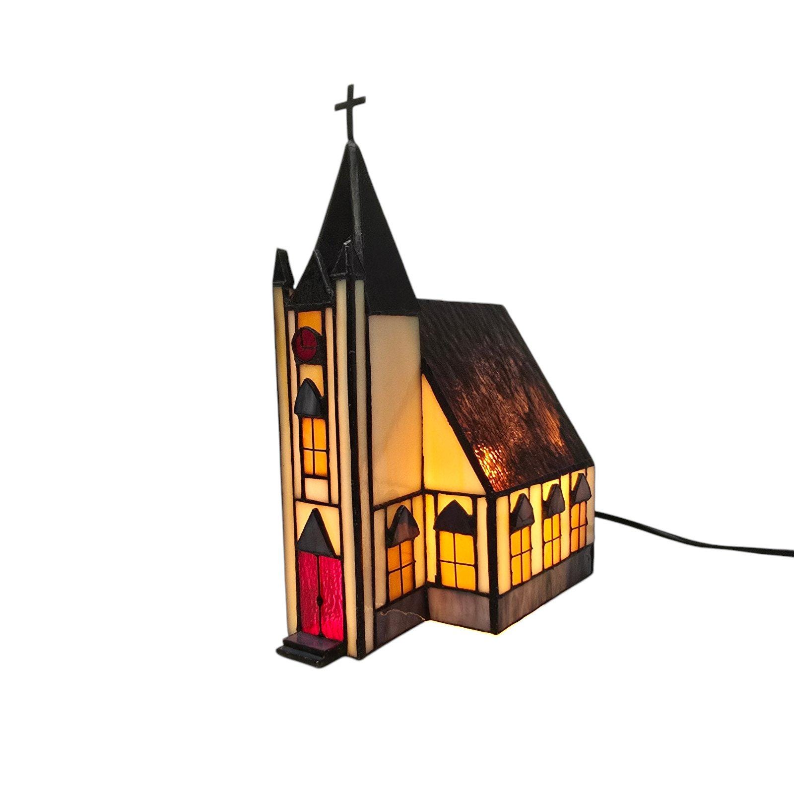 Vintage Tiffany Style Stained Glass Church Table Lamp Night Light