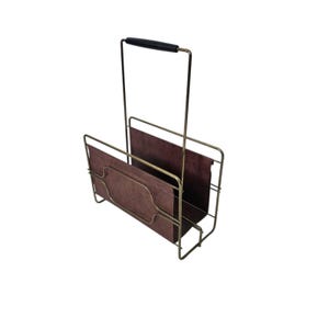Vintage Mid Century Modern Brass and Faux Leather Magazine Rack