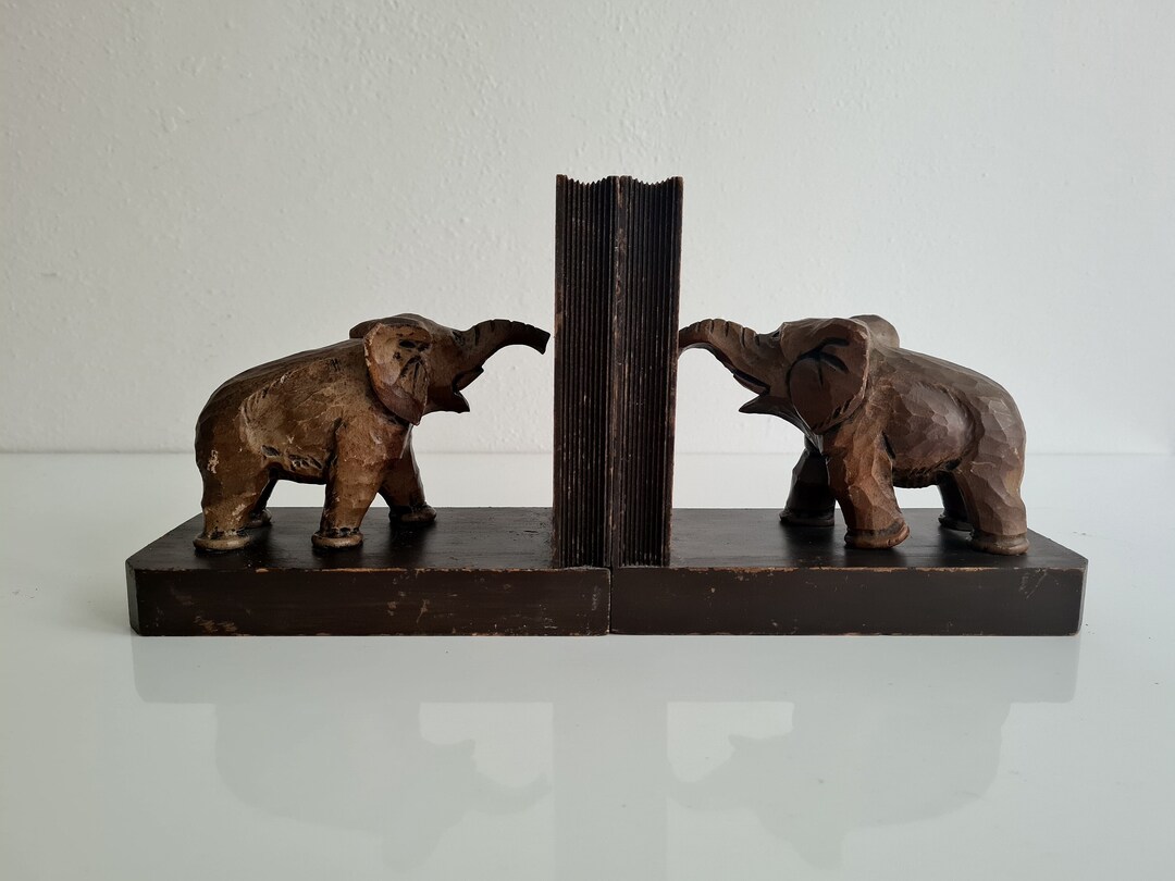 Vintage Retro Pair Bookends Wooden Hand Carved Elephants - Etsy