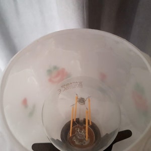 May include: White lampshade with a floral design and a light bulb inside. The lampshade has a small sticker on the bottom that reads "Made in China".