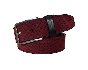 Mens Italian Burgundy Suede Belt  with Contrast Leather Loop 35mm