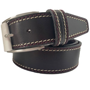 Mens  Dark Purple Aubergine Egg Plant  Italian Hide Leather Belt White Leather Buckle Tab 40mm